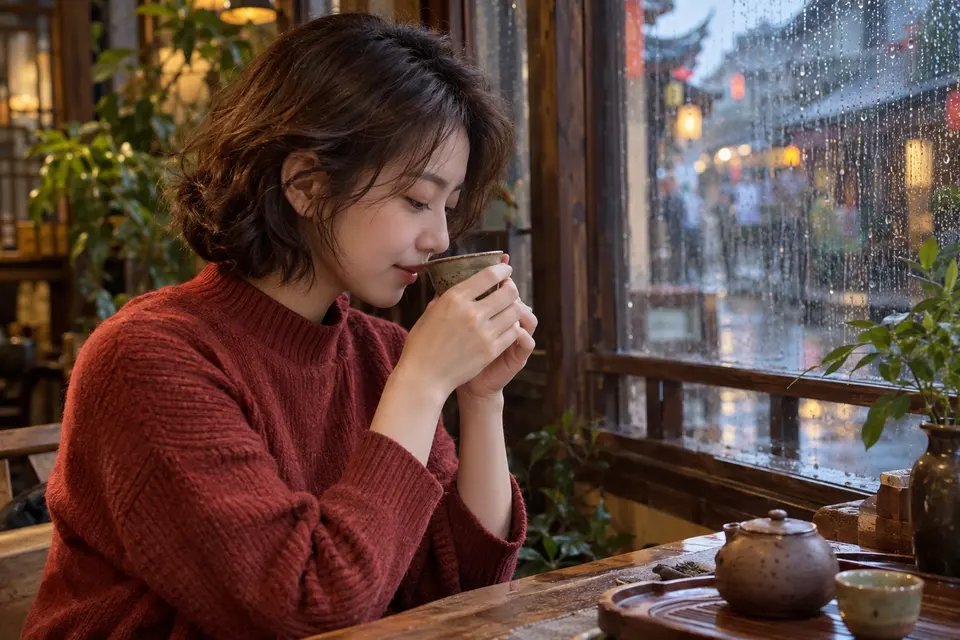 雨天窗边，一位年轻女性手捧陶杯闻香品茶